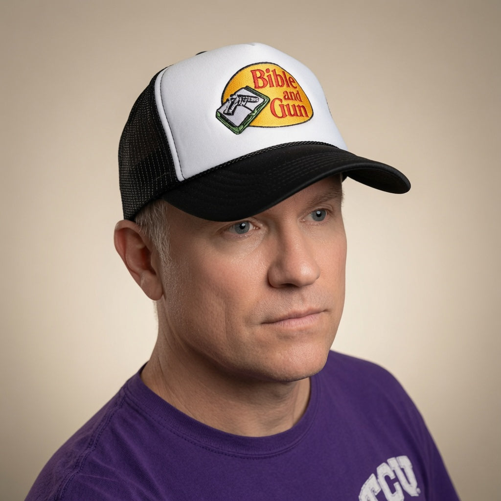 Bible & Gun – Bass Pro Shops Style Parody Trucker Hat